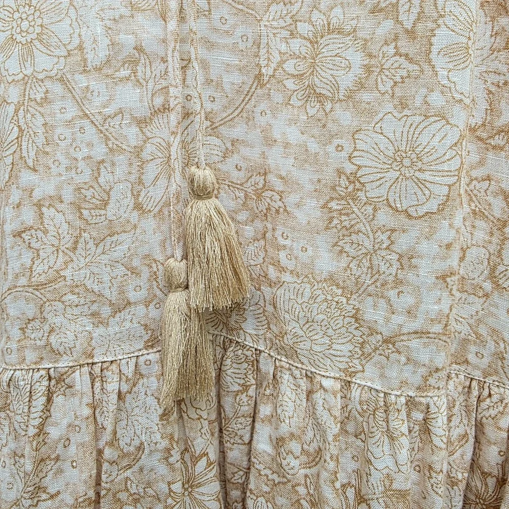 Magaschoni Linen Dress M Beige Floral Boho Prairie Smocked Tassel Midi Romantic - Picture 2 of 7